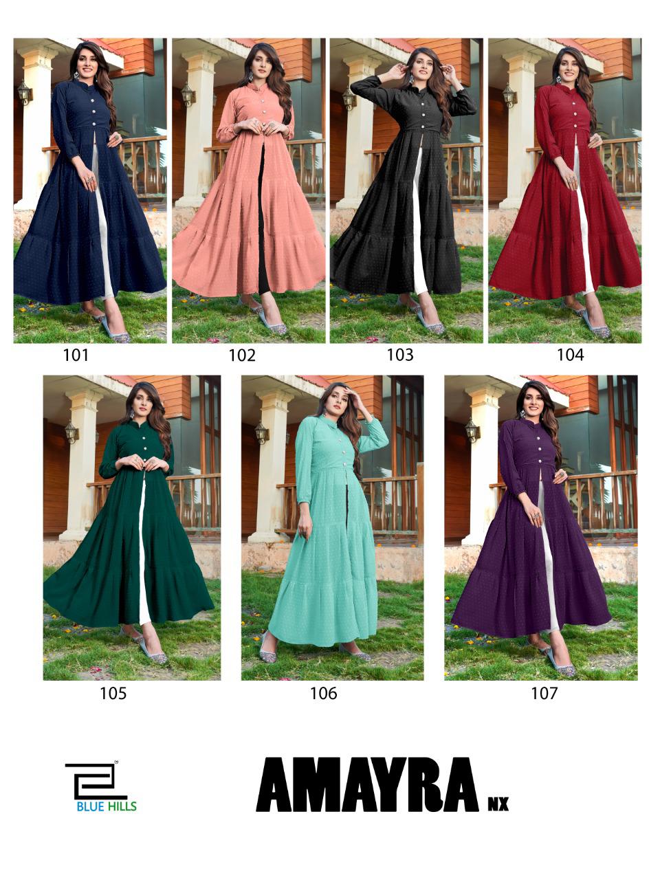 bluehills amayra nx georgget classic trendy look long gown kurti catalog