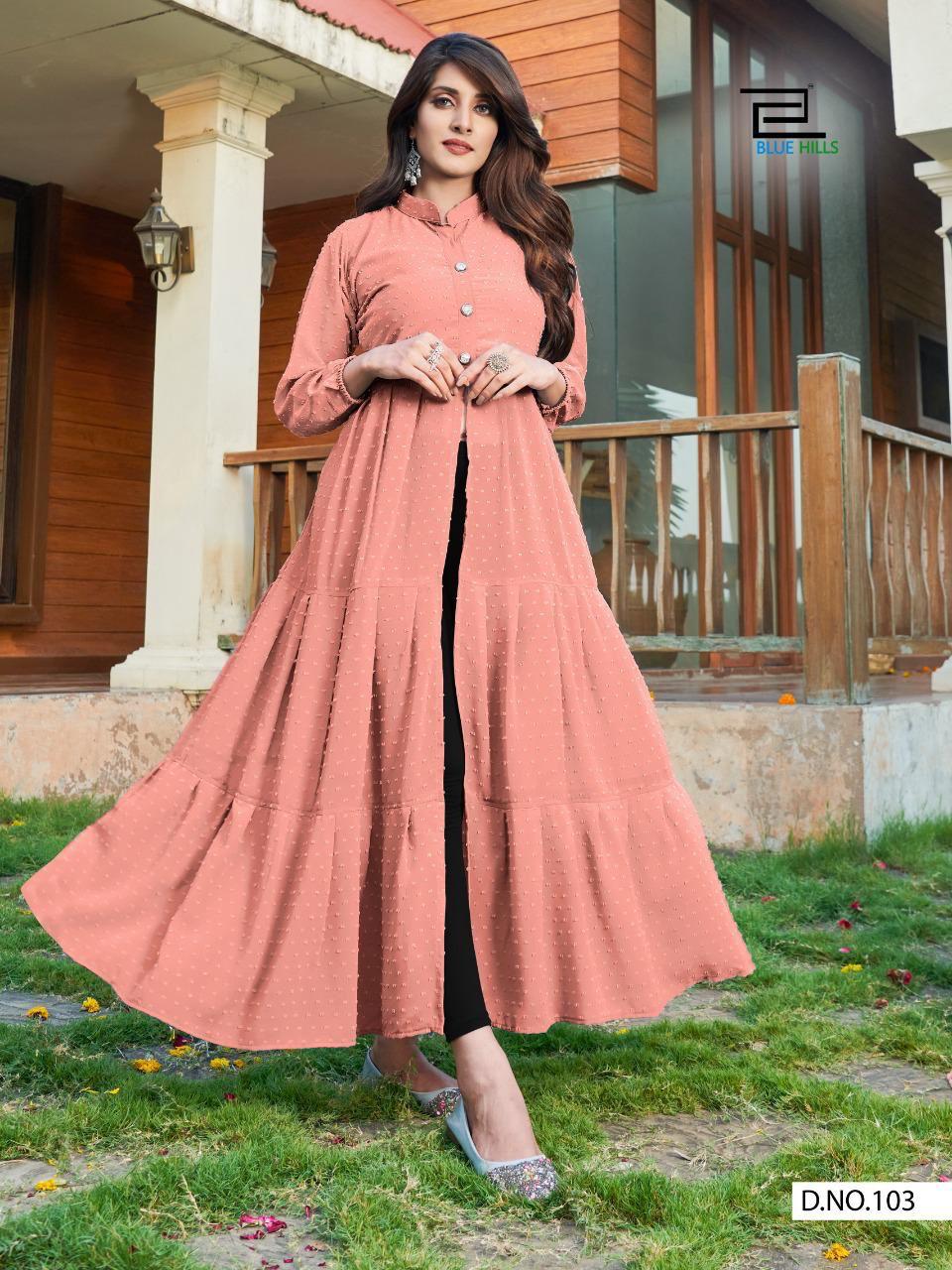 bluehills amayra nx georgget classic trendy look long gown kurti catalog