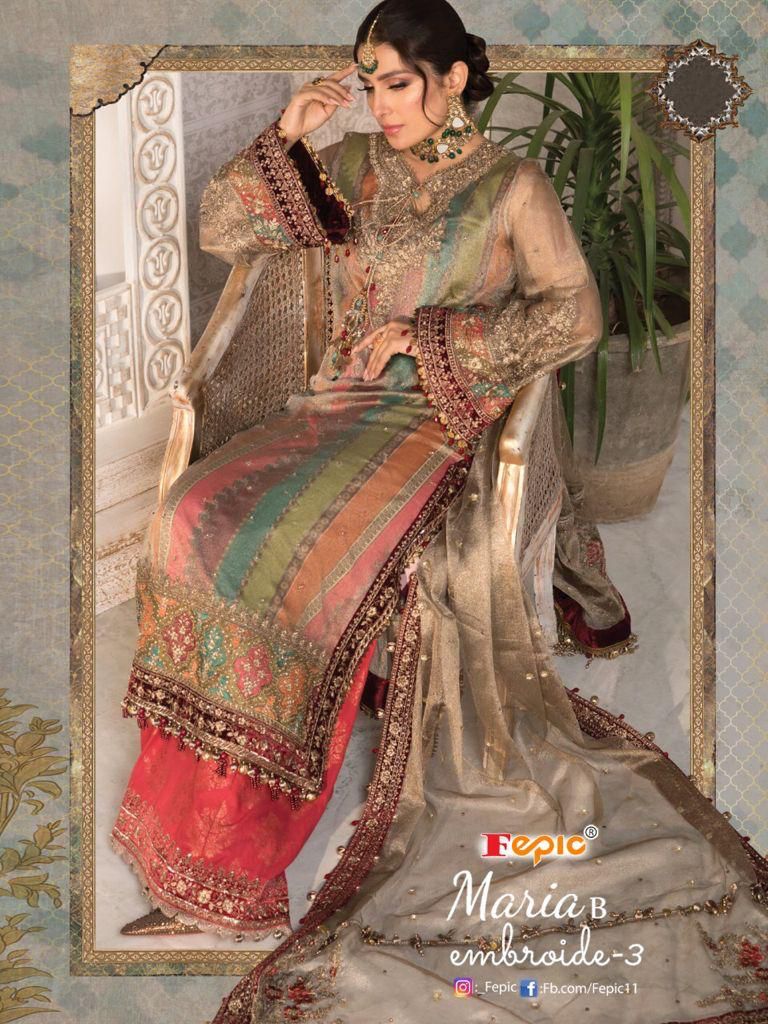 fepic rosemeen maria b embroide 3 nx organza regal look salwar suit catalog