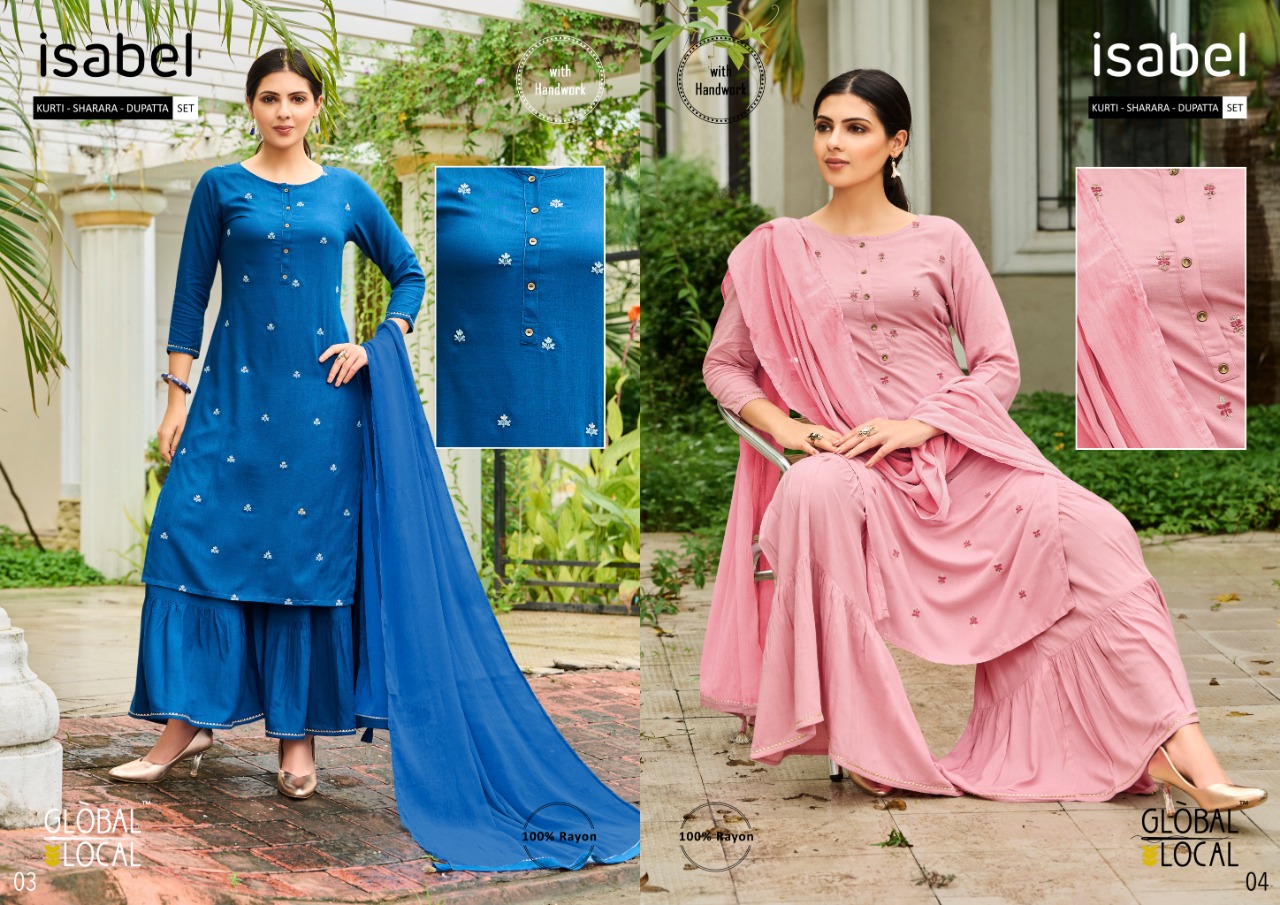 global local isabel rayon graceful look Kurti with sharara dupatta catalog