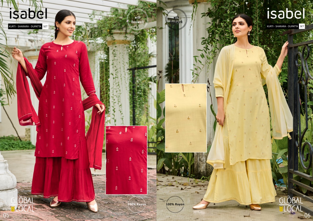 global local isabel rayon graceful look Kurti with sharara dupatta catalog