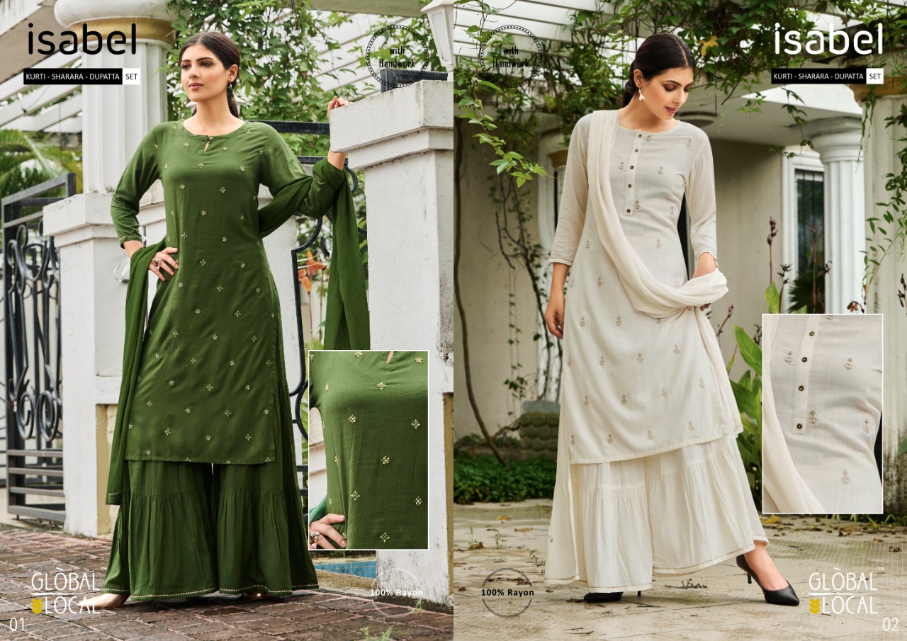 global local isabel rayon graceful look Kurti with sharara dupatta catalog