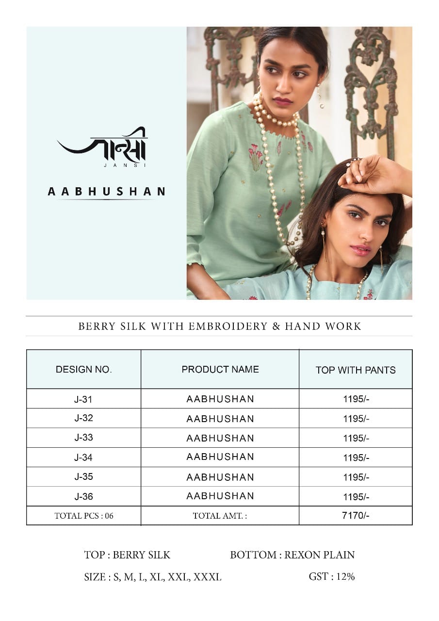 jansi aabhushan silk decent embroidary look kurti with bottom catalog