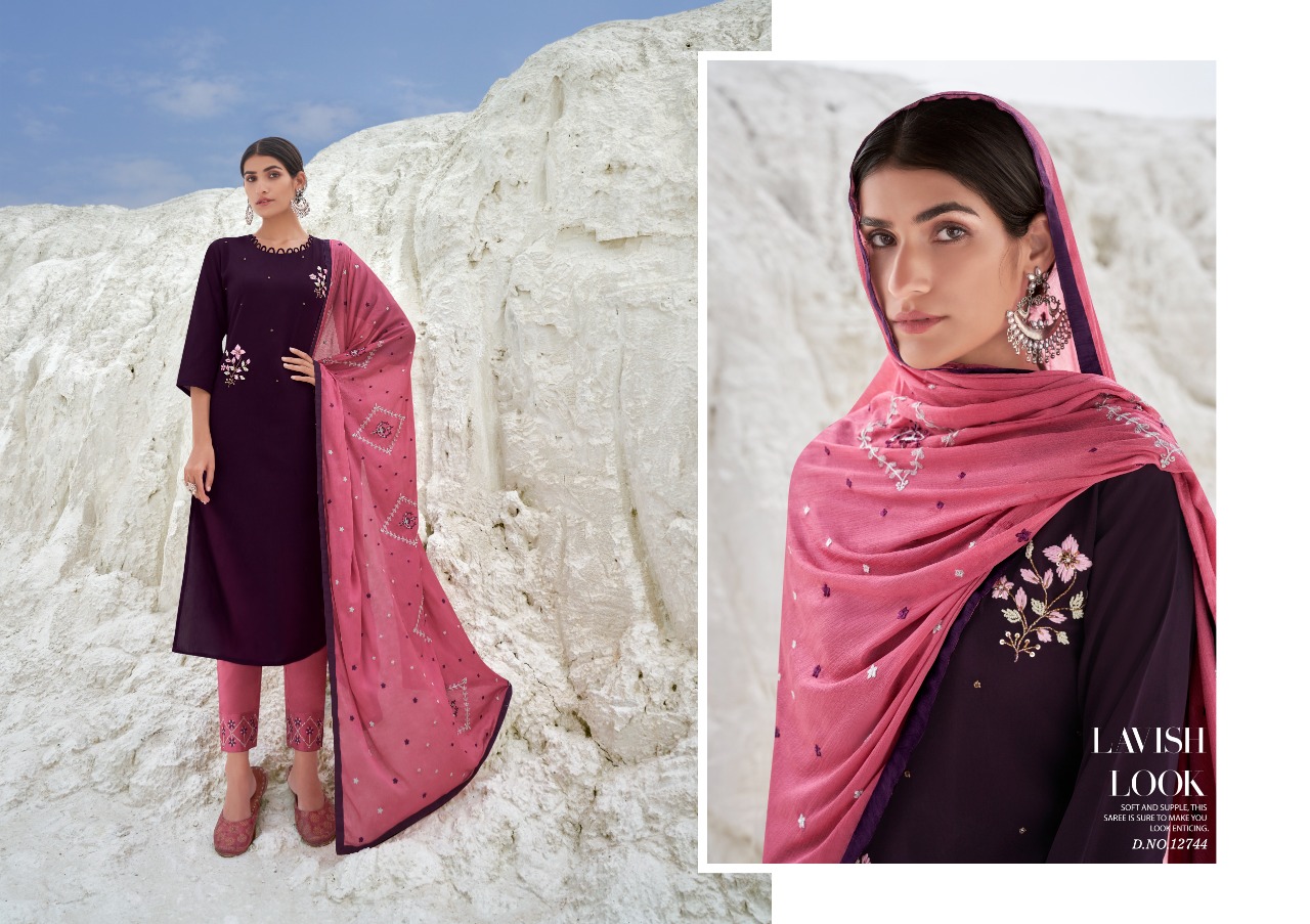 kalaroop by kajree kivi naira silk graceful look kurti pant with dupatta catalog