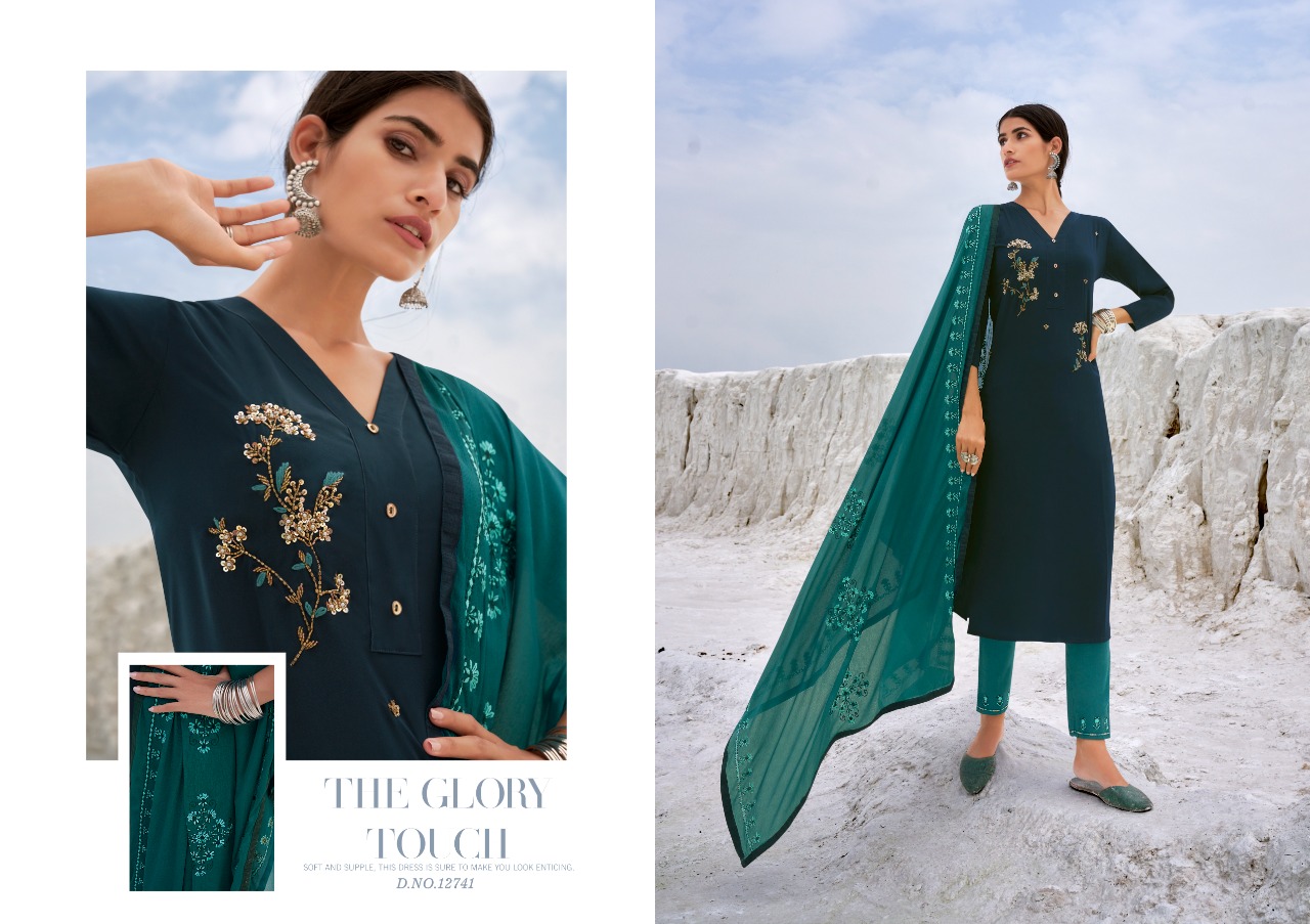 kalaroop by kajree kivi naira silk graceful look kurti pant with dupatta catalog