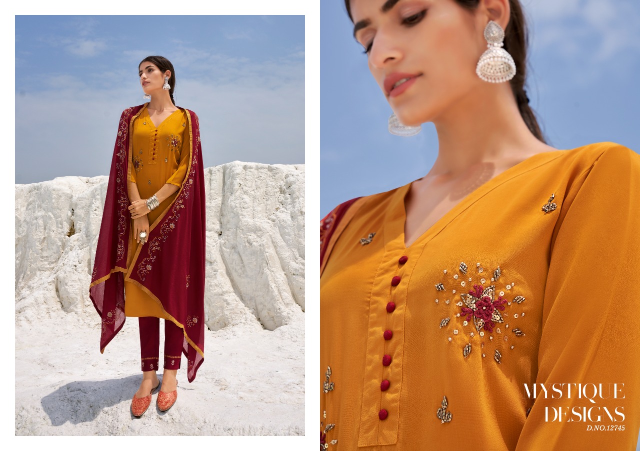 kalaroop by kajree kivi naira silk graceful look kurti pant with dupatta catalog