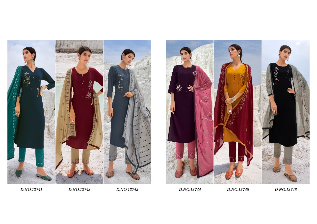 kalaroop by kajree kivi naira silk graceful look kurti pant with dupatta catalog