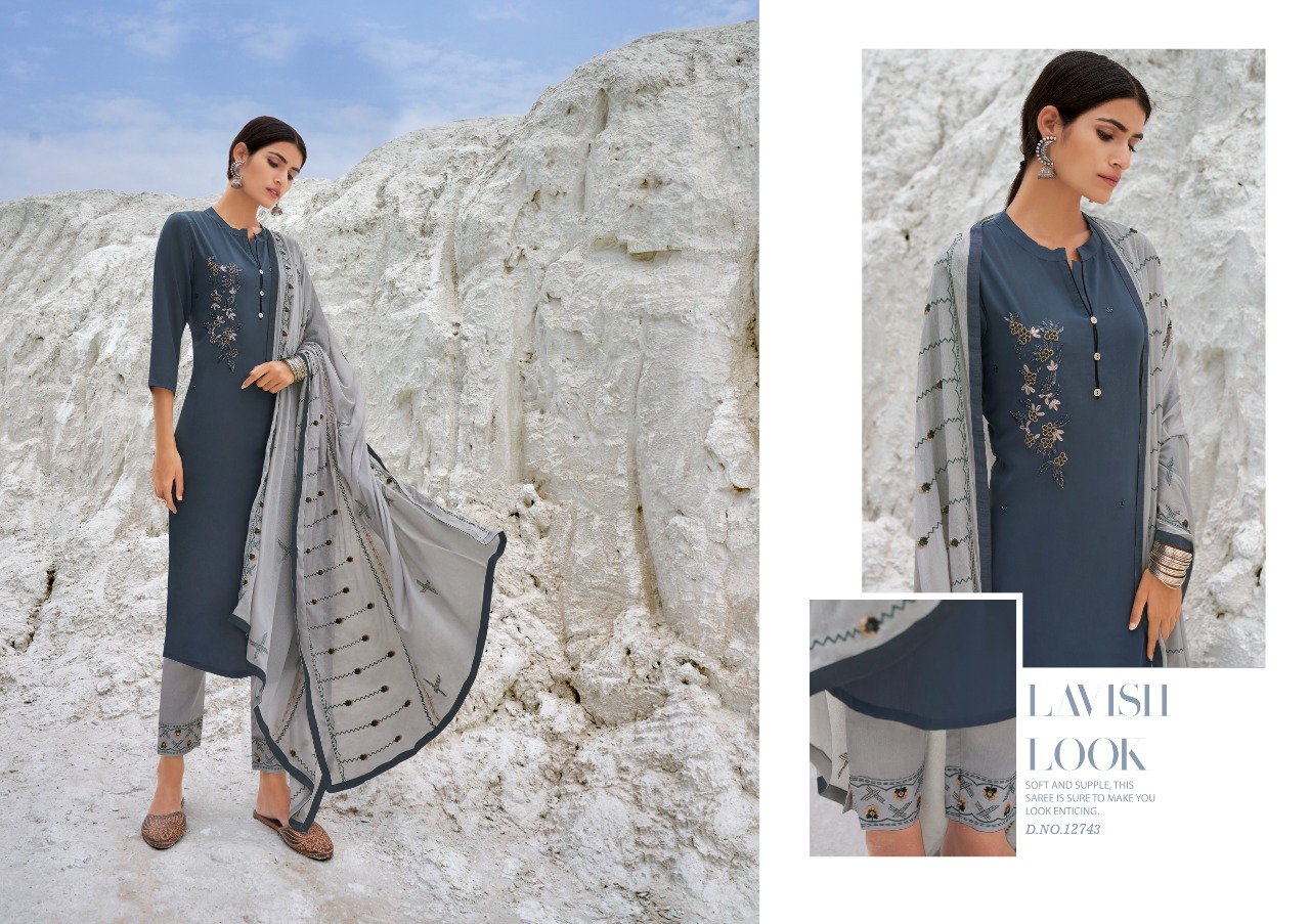 kalaroop by kajree kivi naira silk graceful look kurti pant with dupatta catalog