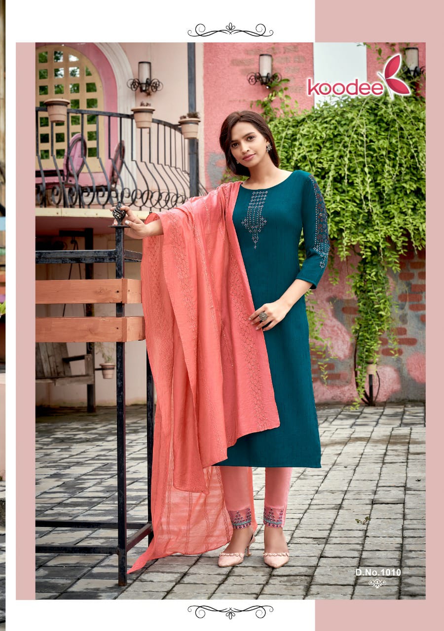 koodee Saheli 12 nylon viscose decent embroidary look kurti with bottom and dupatta catalog