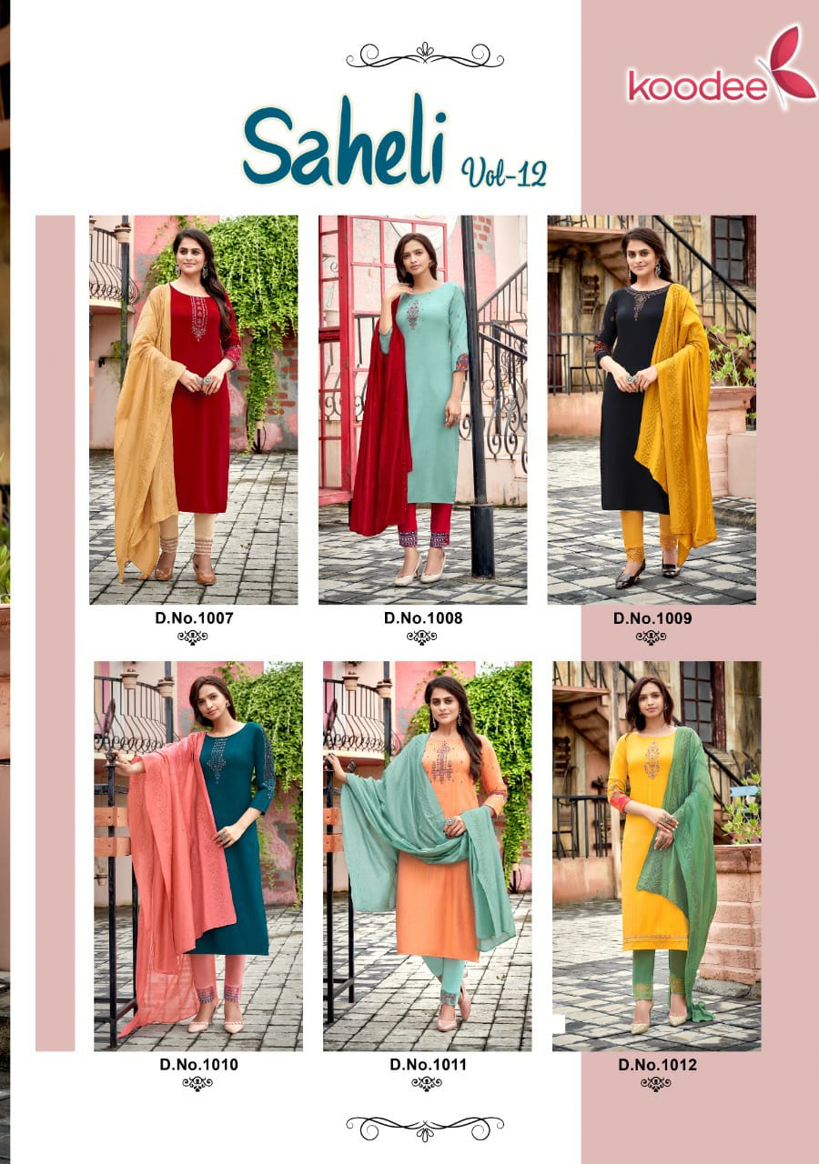 koodee Saheli 12 nylon viscose decent embroidary look kurti with bottom and dupatta catalog