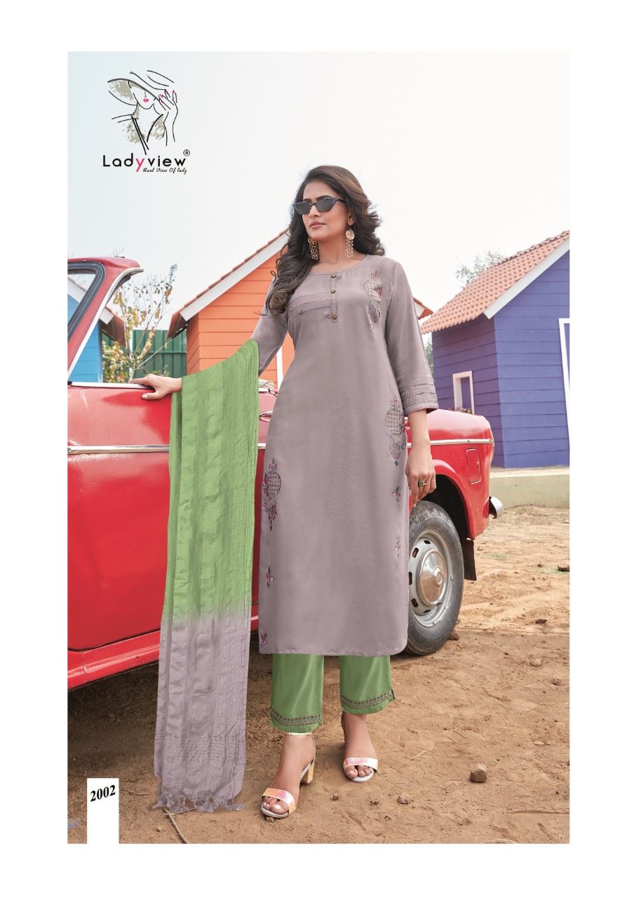 ladyview albeli reyon gorgeous look top with bottom and dupatta catalog