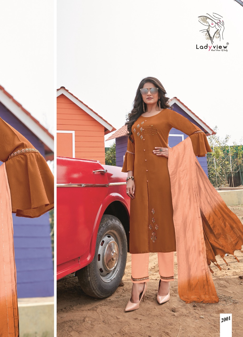 ladyview albeli reyon gorgeous look top with bottom and dupatta catalog