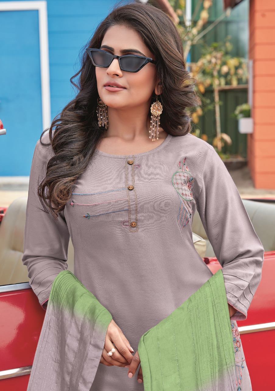 ladyview albeli reyon gorgeous look top with bottom and dupatta catalog