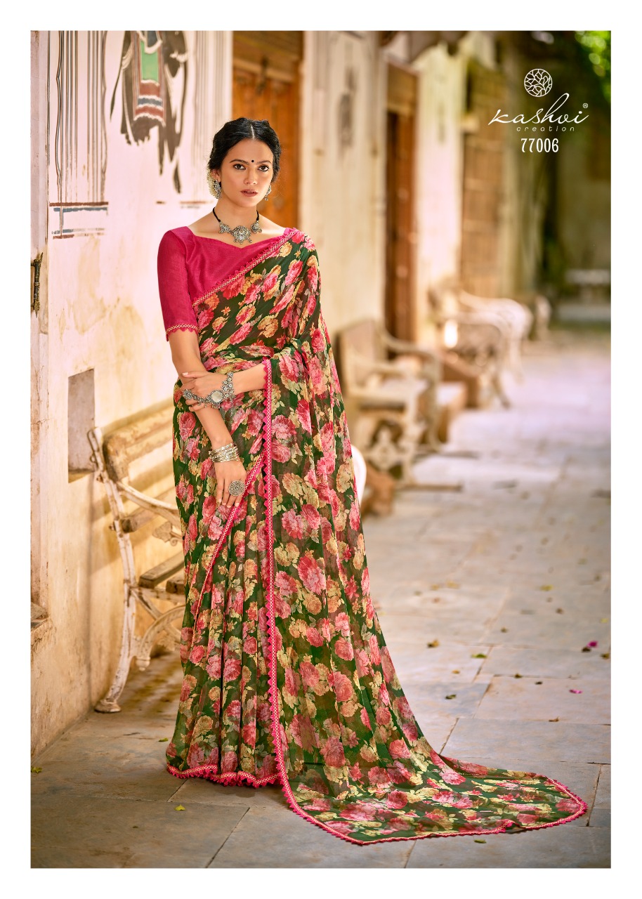 lt kashvi creation radhika chiffon fancy flower print look saree catalog