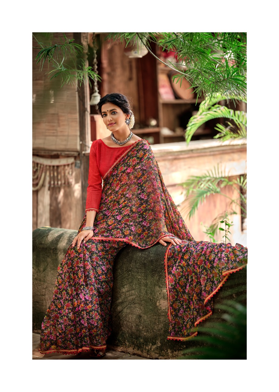 lt kashvi creation radhika chiffon fancy flower print look saree catalog