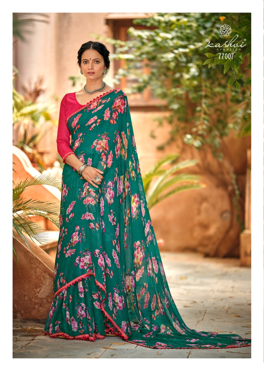 lt kashvi creation radhika chiffon fancy flower print look saree catalog