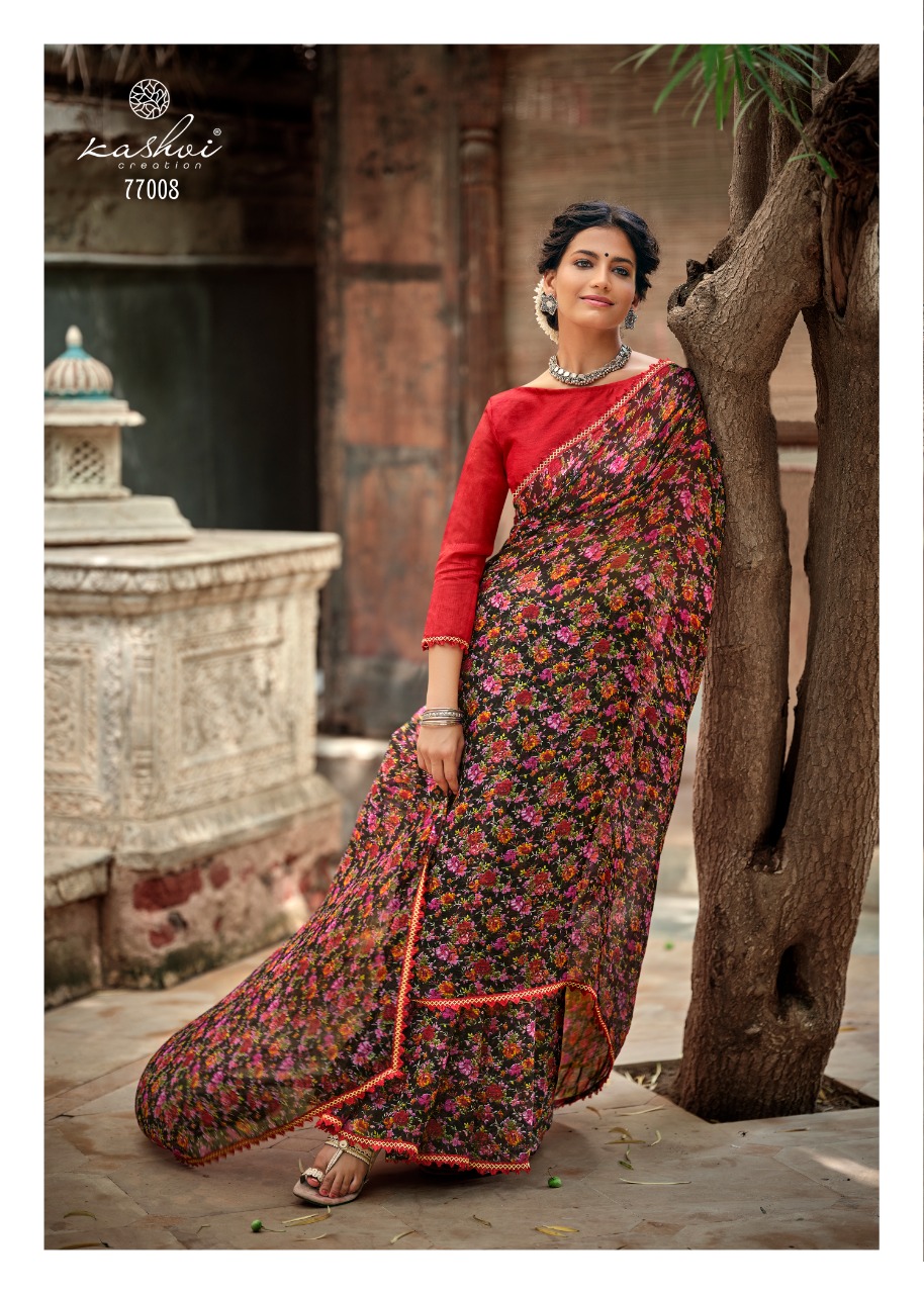 lt kashvi creation radhika chiffon fancy flower print look saree catalog