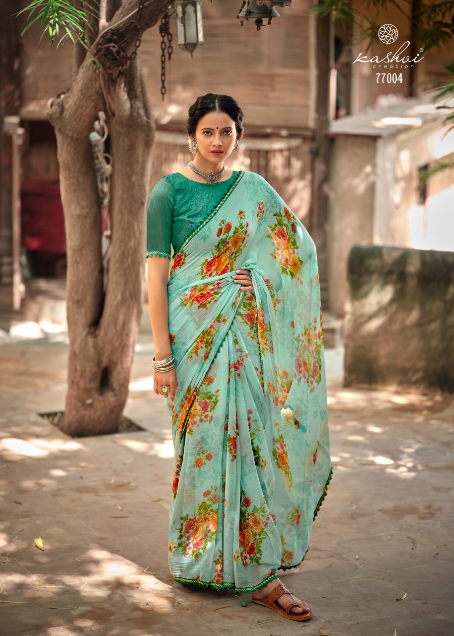 lt kashvi creation radhika chiffon fancy flower print look saree catalog