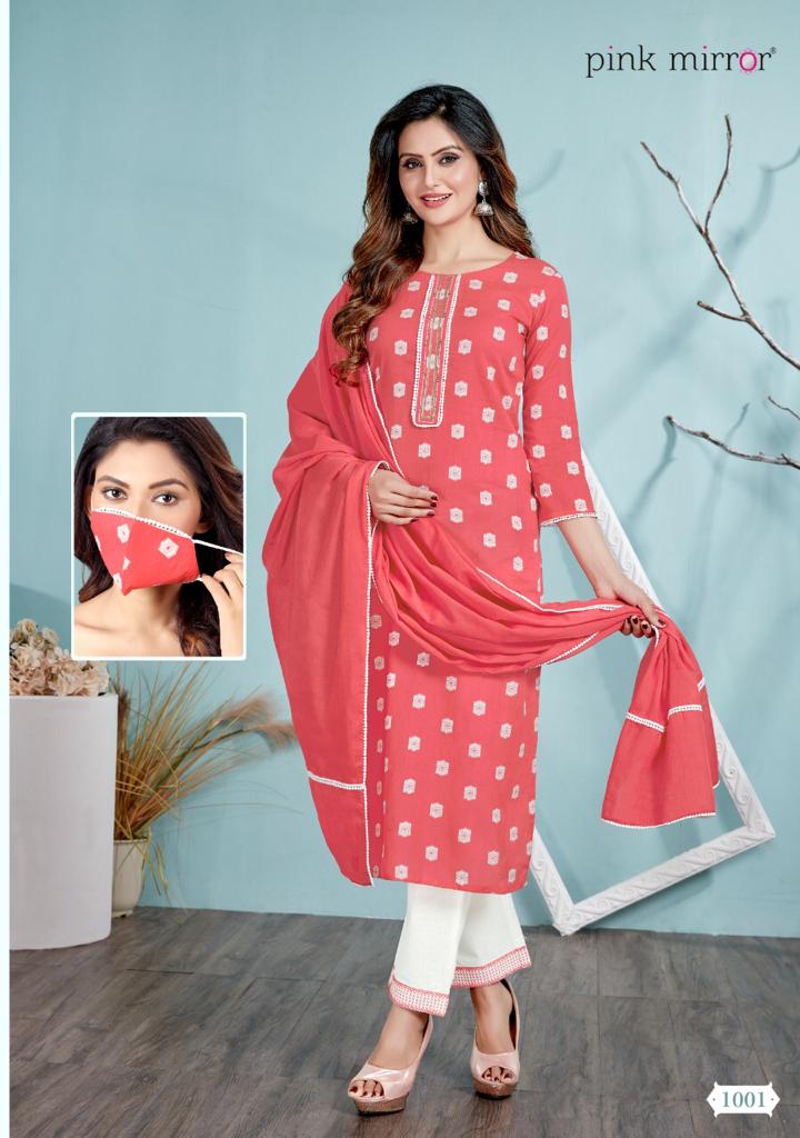 pink mirror essence cotton authentic fabric top with bottm and dupatta catalog