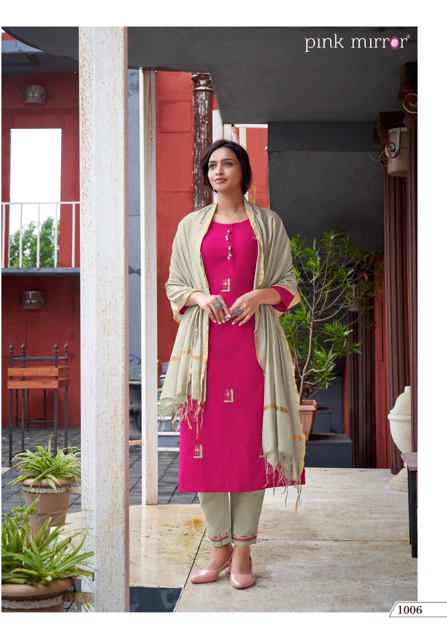 pink mirror treasures viscose catchy look kurti pant with dupatta catalog