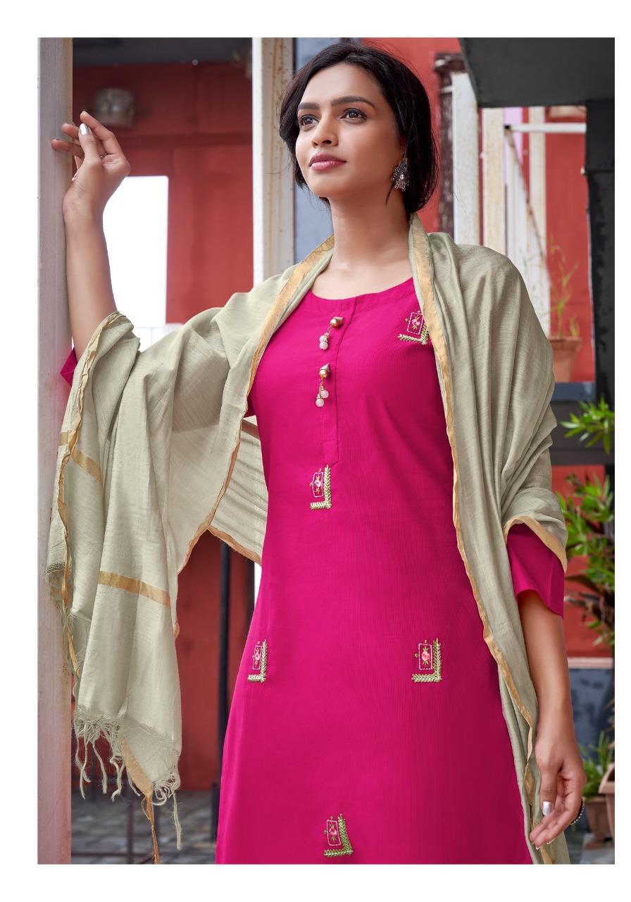 pink mirror treasures viscose catchy look kurti pant with dupatta catalog