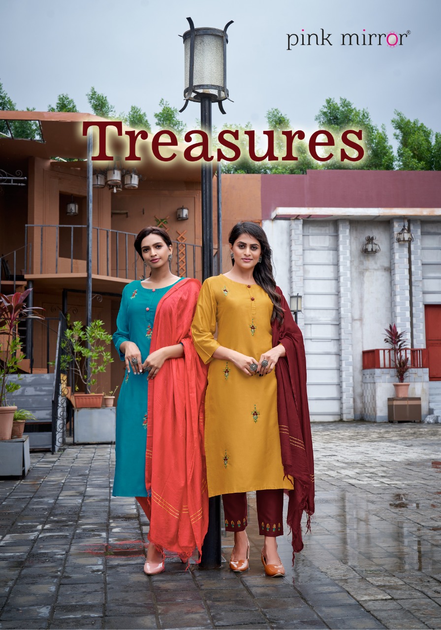 pink mirror treasures viscose catchy look kurti pant with dupatta catalog