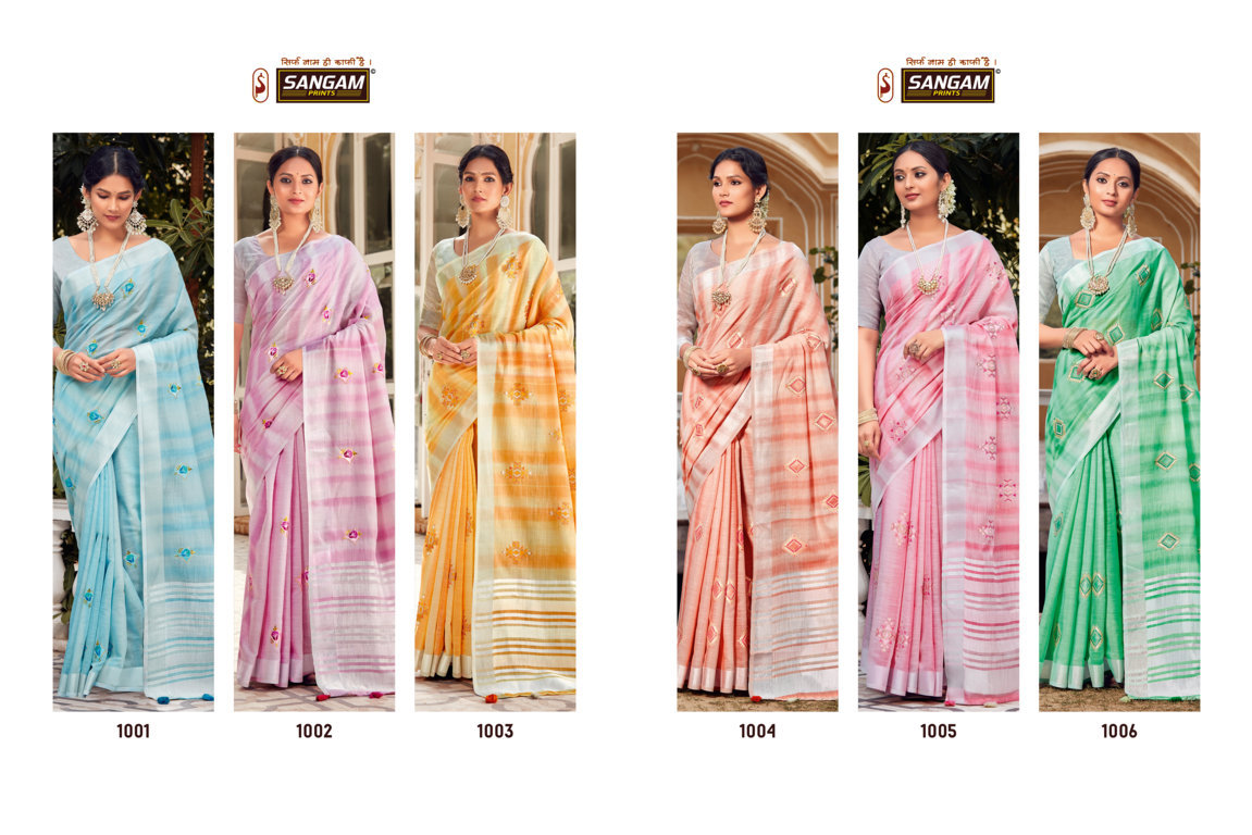 sangam print kavya linen decent look saree catalog