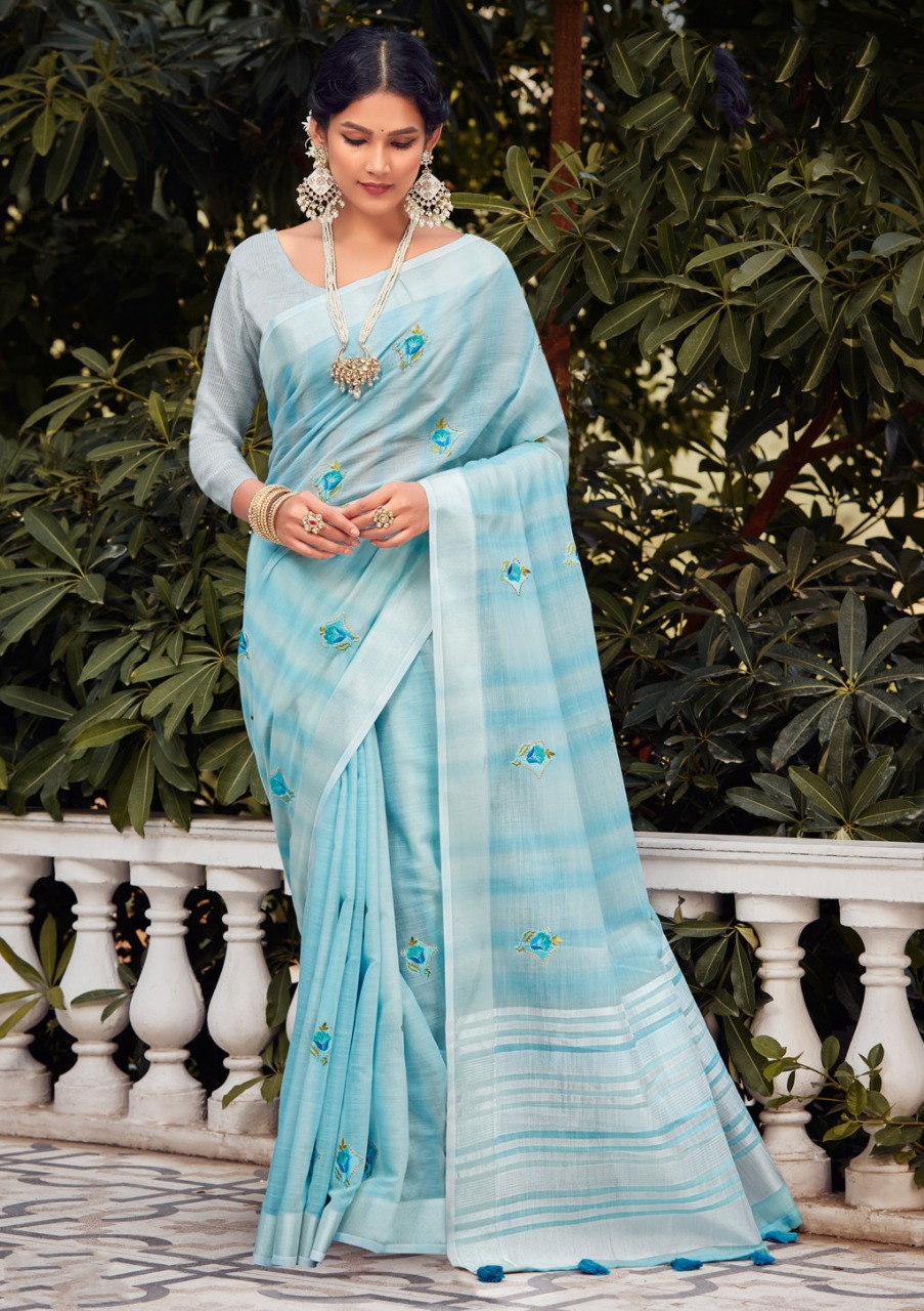 sangam print kavya linen decent look saree catalog