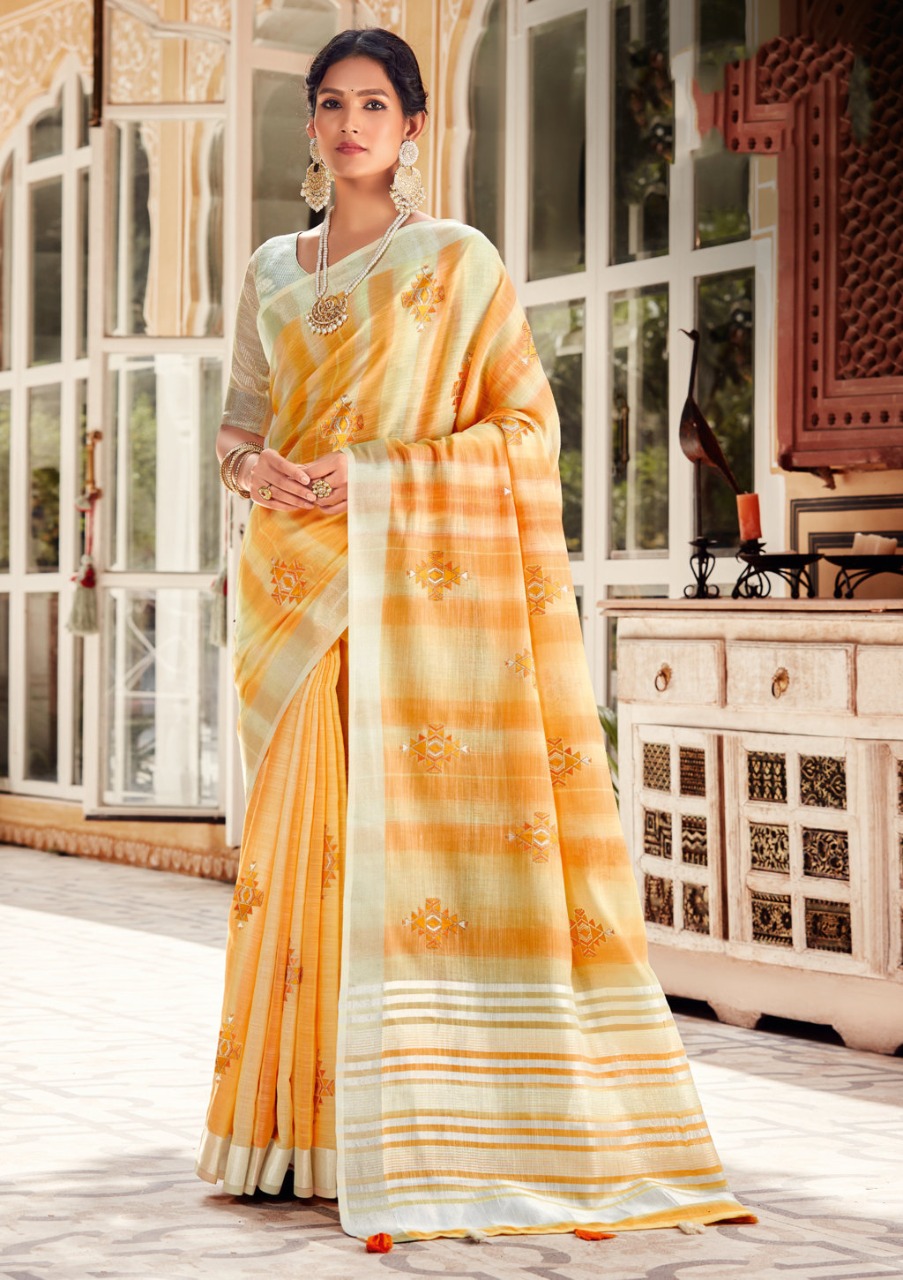 sangam print kavya linen decent look saree catalog