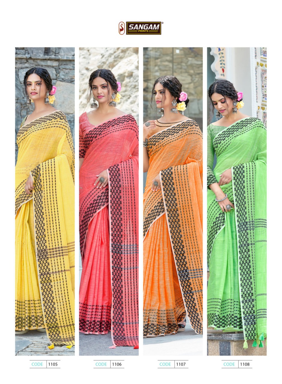 sangam print rangeen linen decent look saree catalog