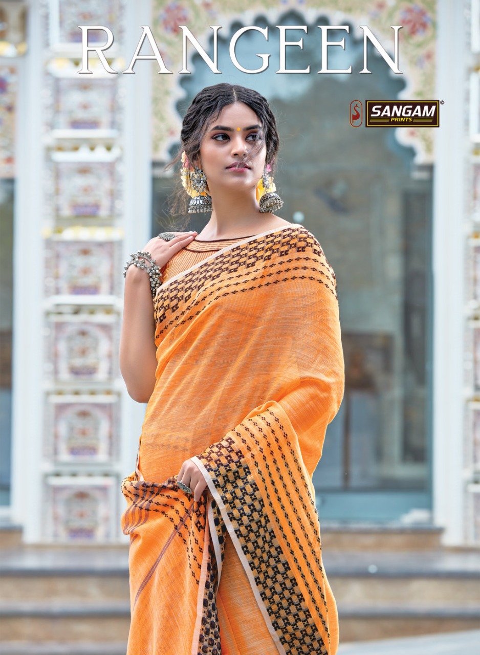 sangam print rangeen linen decent look saree catalog