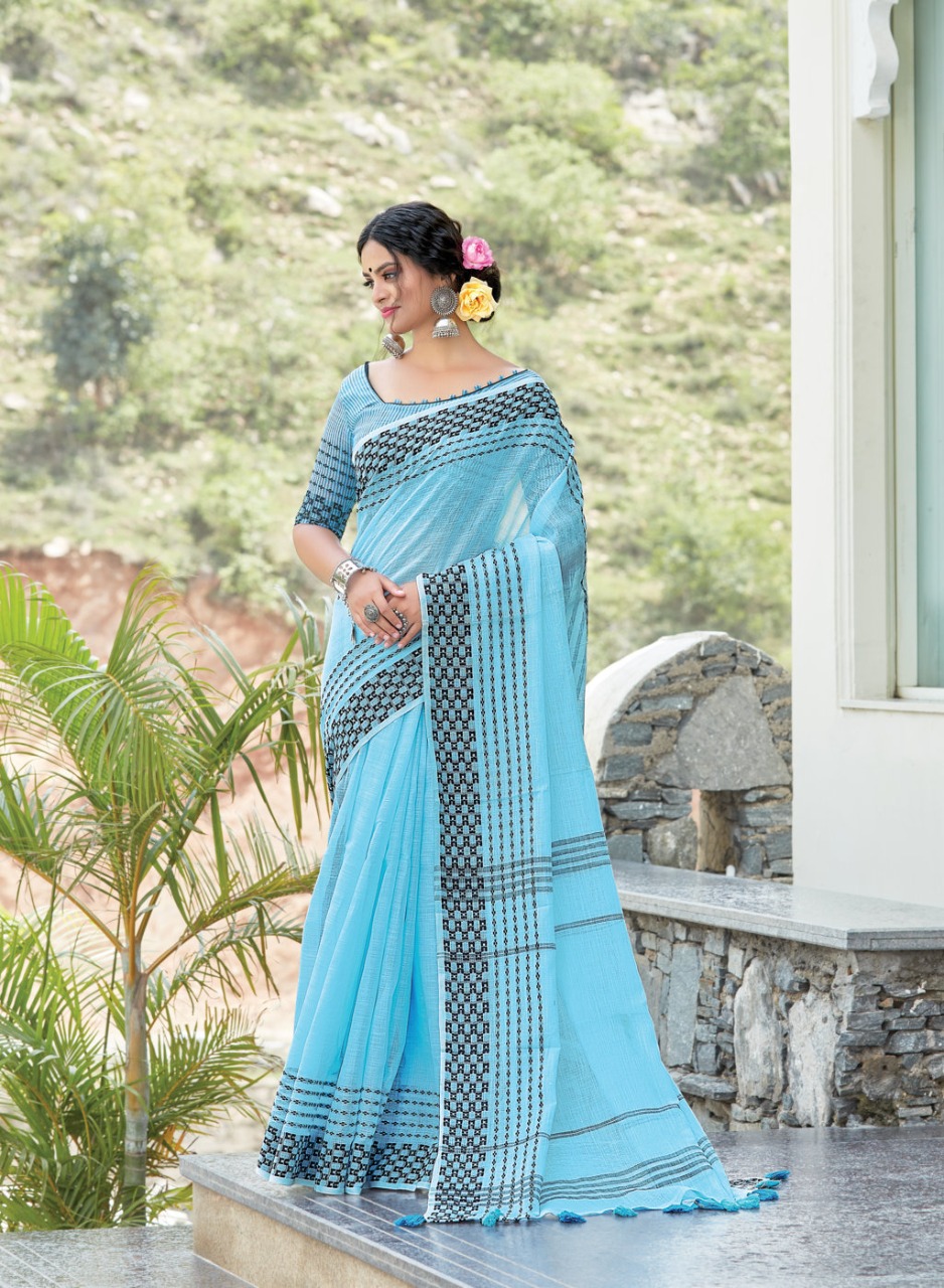 sangam print rangeen linen decent look saree catalog