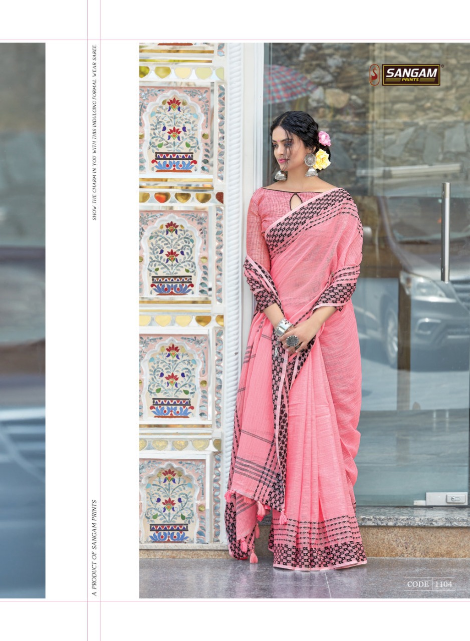 sangam print rangeen linen decent look saree catalog