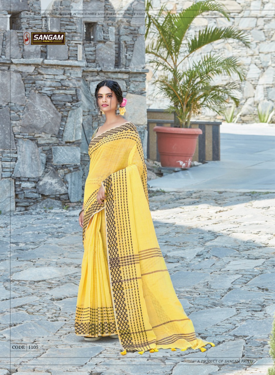 sangam print rangeen linen decent look saree catalog