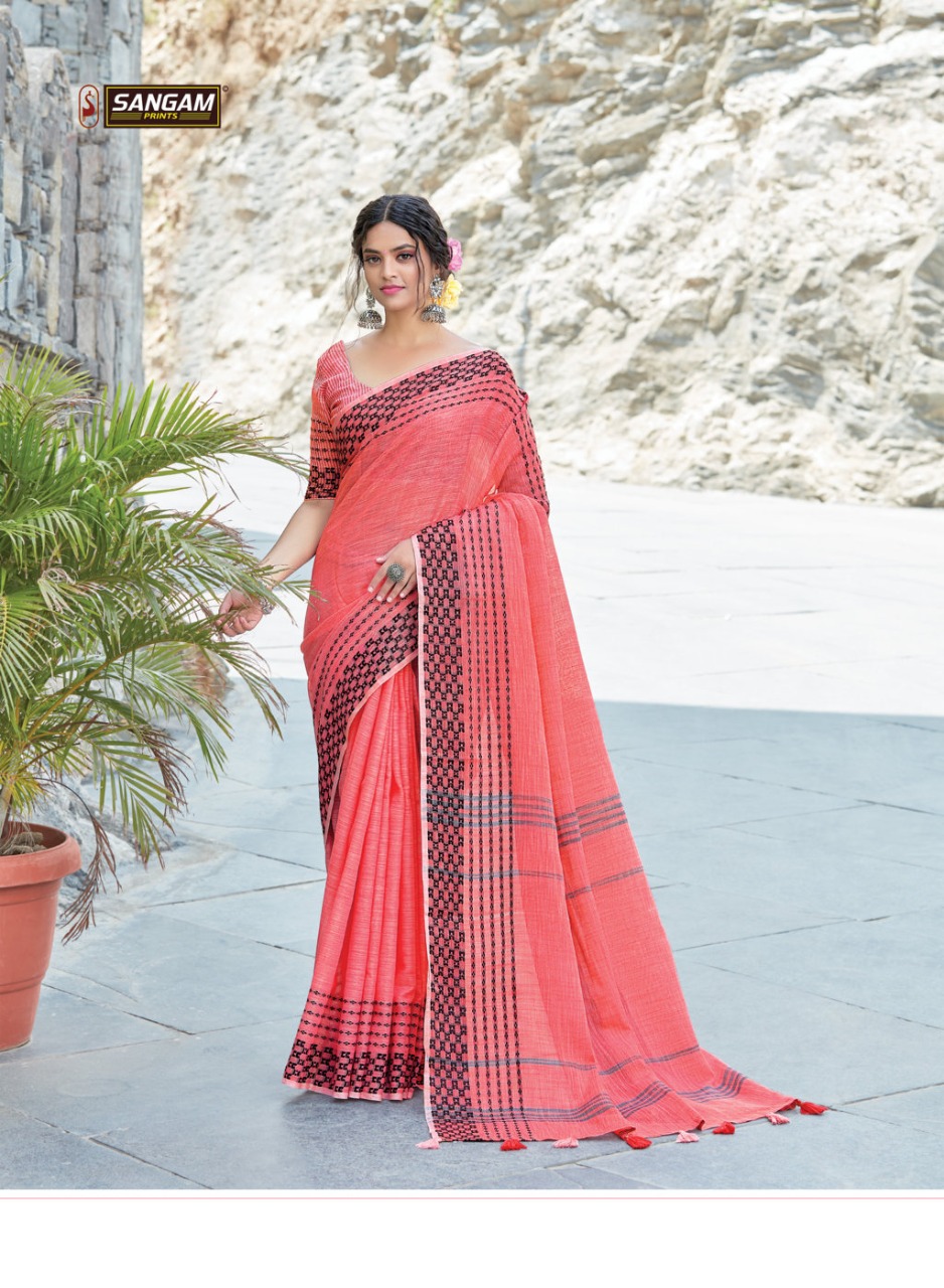 sangam print rangeen linen decent look saree catalog