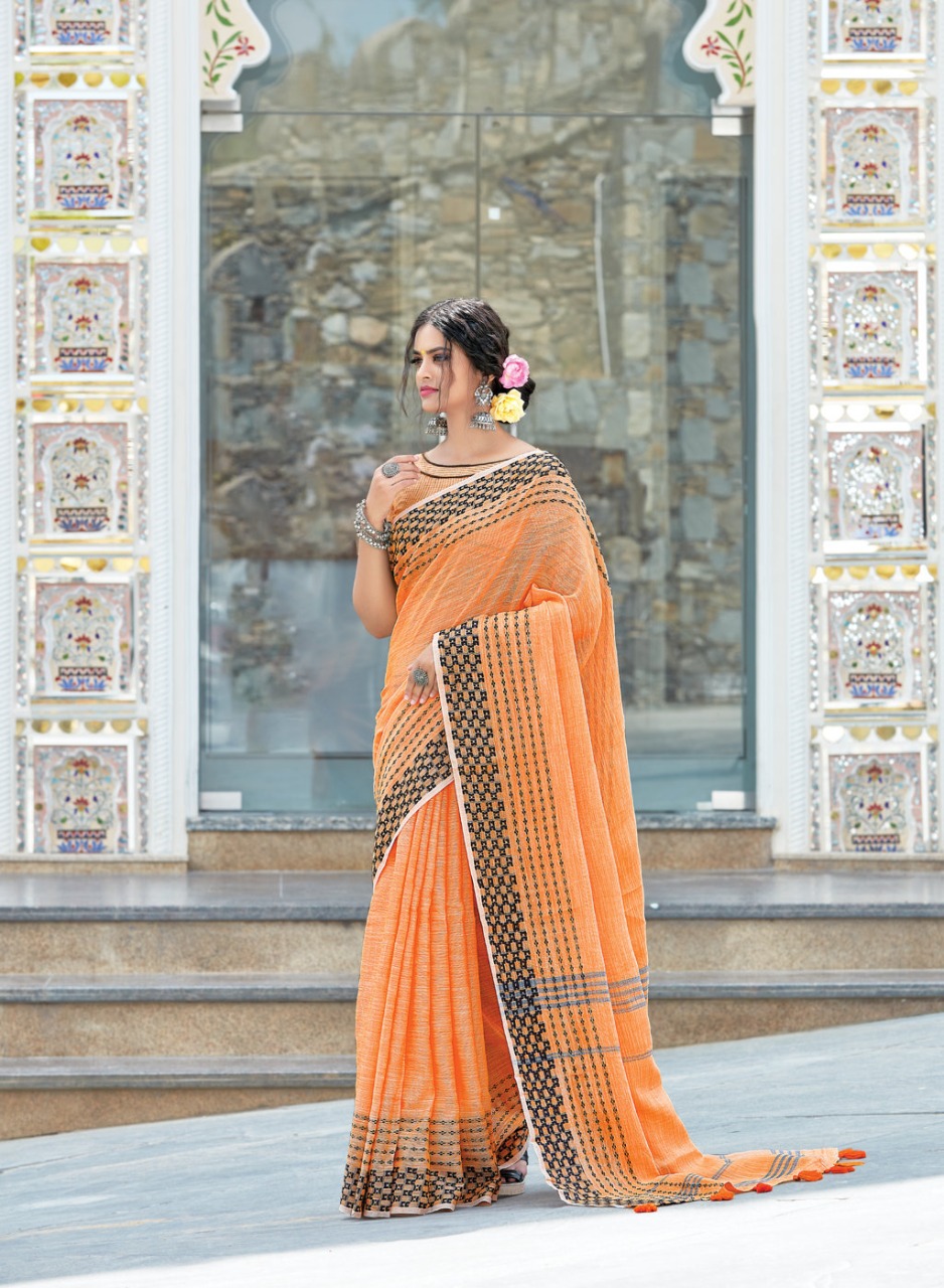 sangam print rangeen linen decent look saree catalog