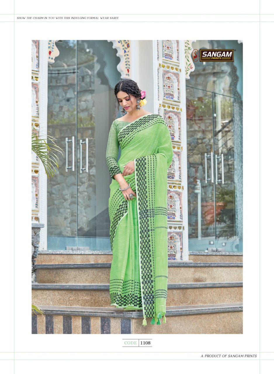 sangam print rangeen linen decent look saree catalog