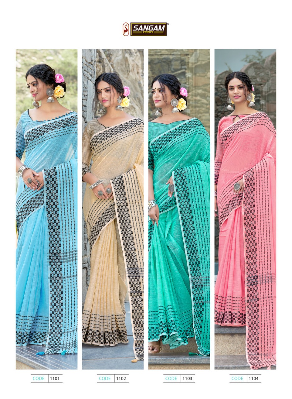 sangam print rangeen linen decent look saree catalog