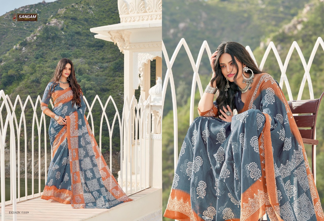 sangam prints Belliza cotton attractive fancy print saree catalog