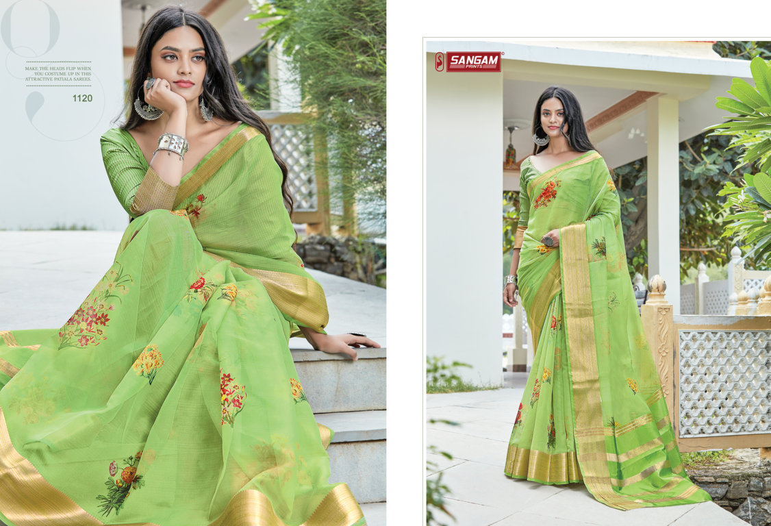 sangam prints charming organza decent look saree catalog