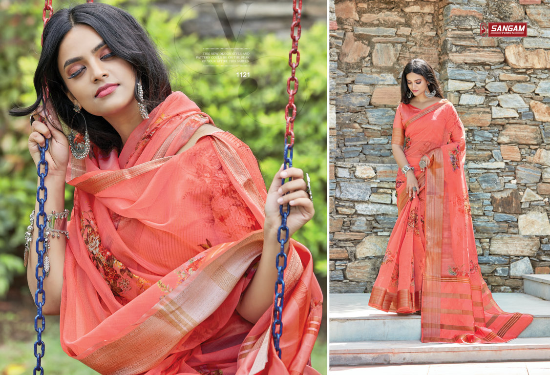 sangam prints charming organza decent look saree catalog