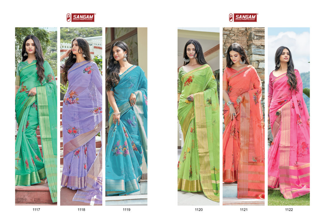 sangam prints charming organza decent look saree catalog