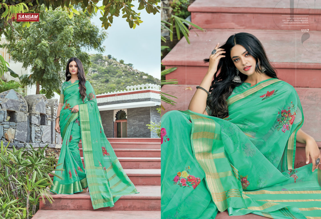 sangam prints charming organza decent look saree catalog