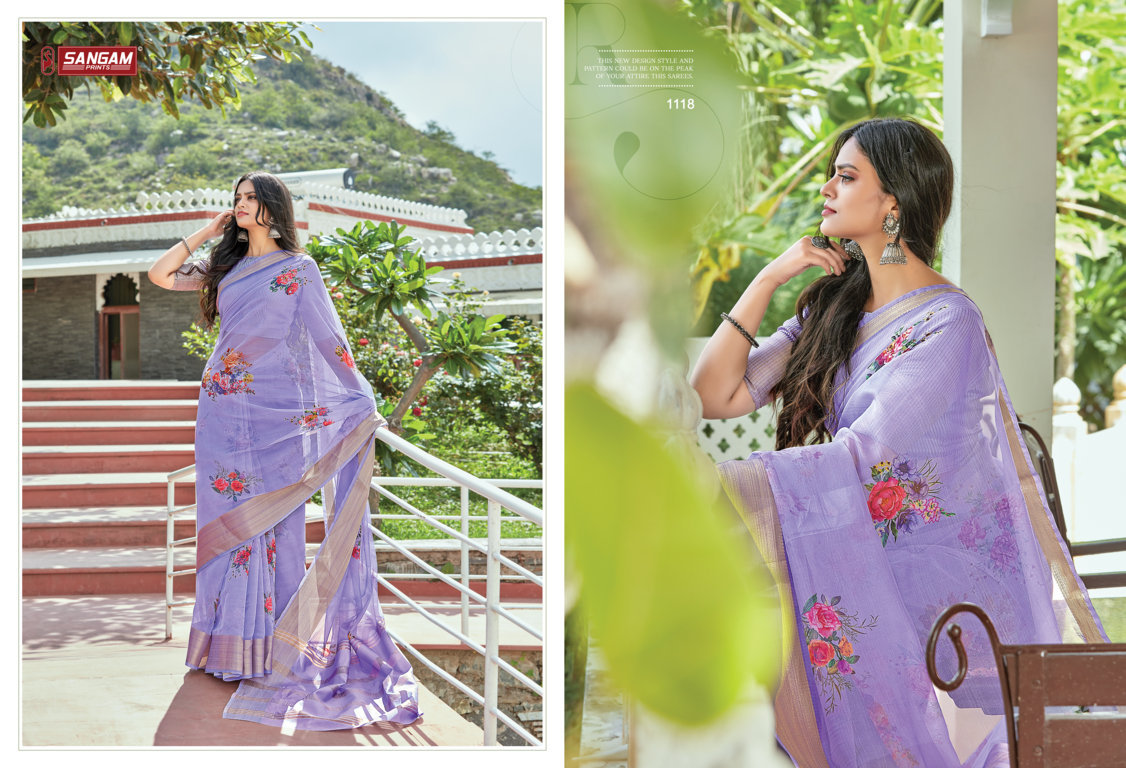 sangam prints charming organza decent look saree catalog