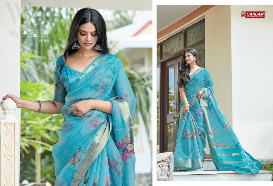 sangam prints charming organza decent look saree catalog