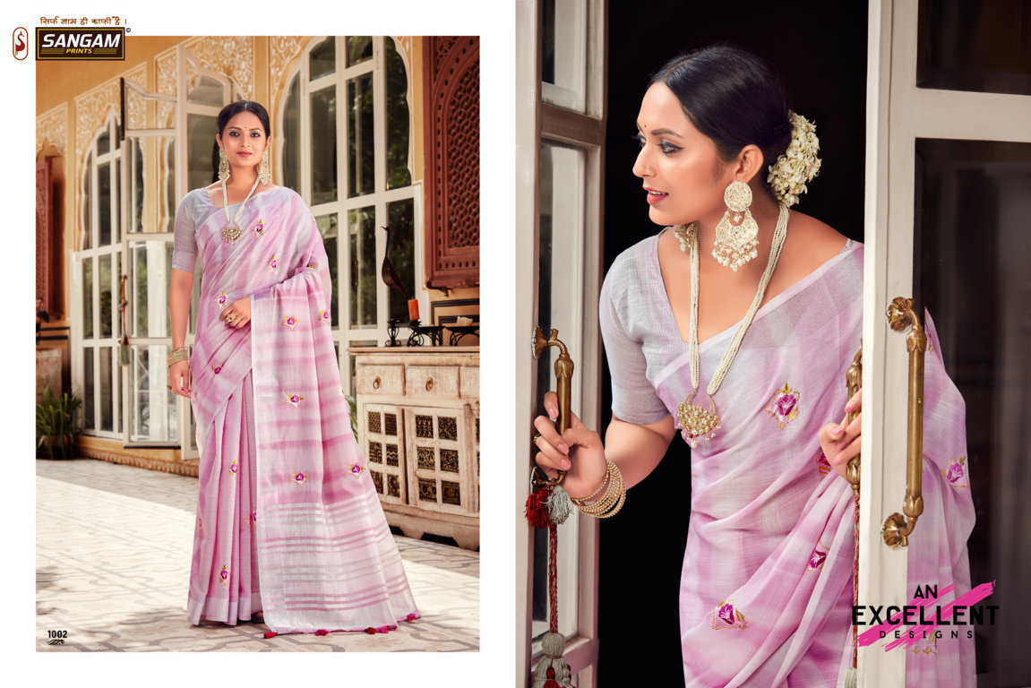 sangam prints kavya linen attractive fancy saree catalog