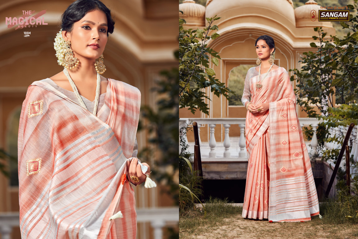 sangam prints kavya linen attractive fancy saree catalog