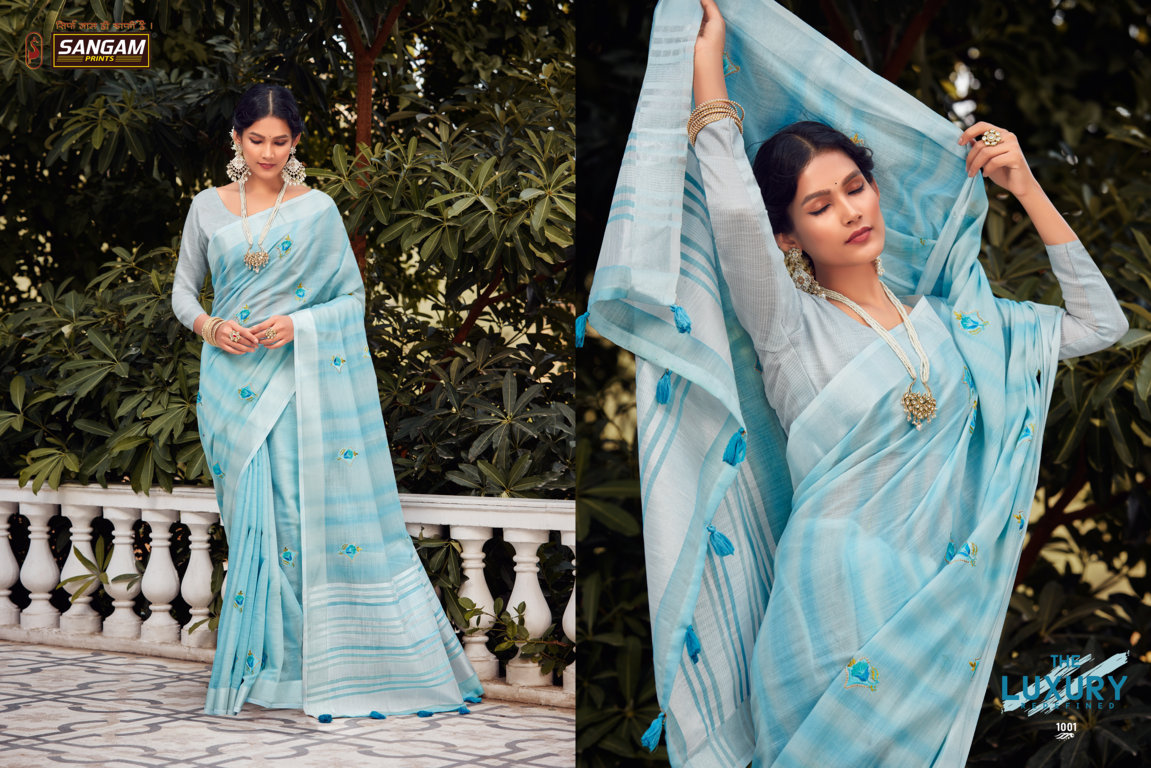 sangam prints kavya linen attractive fancy saree catalog