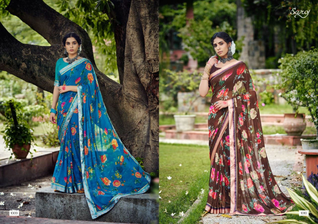 saroj Khushboo silk georgette catchy print saree catalog