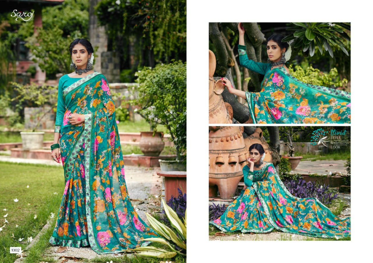 saroj Khushboo silk georgette catchy print saree catalog